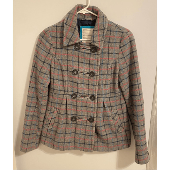Aeropostale Women’s Wool Plaid Peacoat Gray Pink Blue Size Small. - Picture 1 of 10